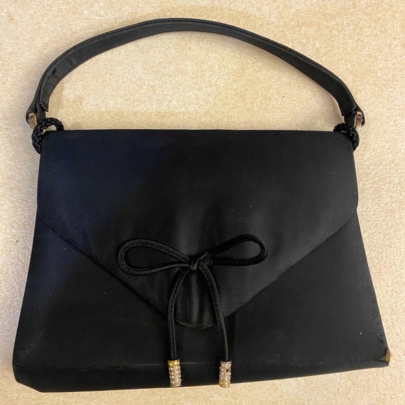 INDEED Black Satin Mini Bag w/Bow & Rhinestone Beading, Vintage. GUC - Picture 1 of 14